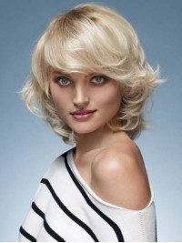 Layered Blonde Wavy Capless Remy Human Hair Wigs With Bangs 12 Inches