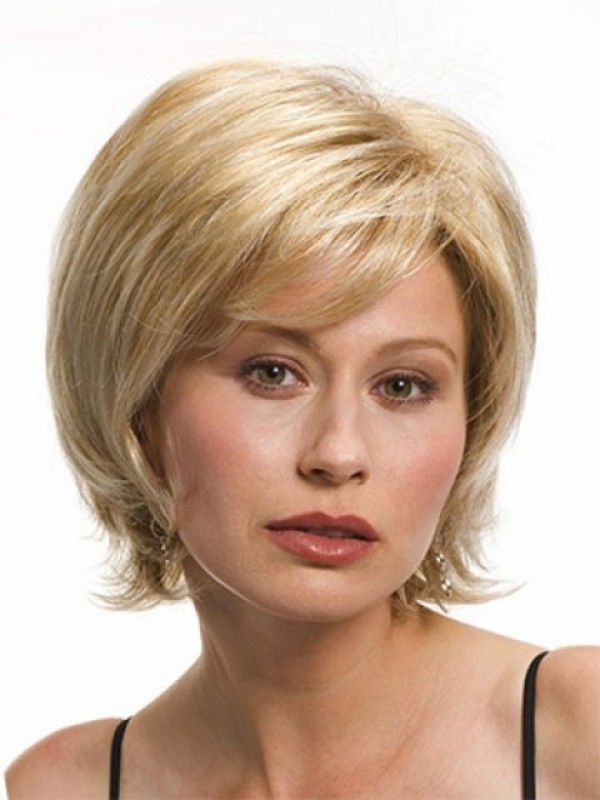 Blonde Chin Length Straight Capless Human Hair Wigs With Bangs 8 Inches