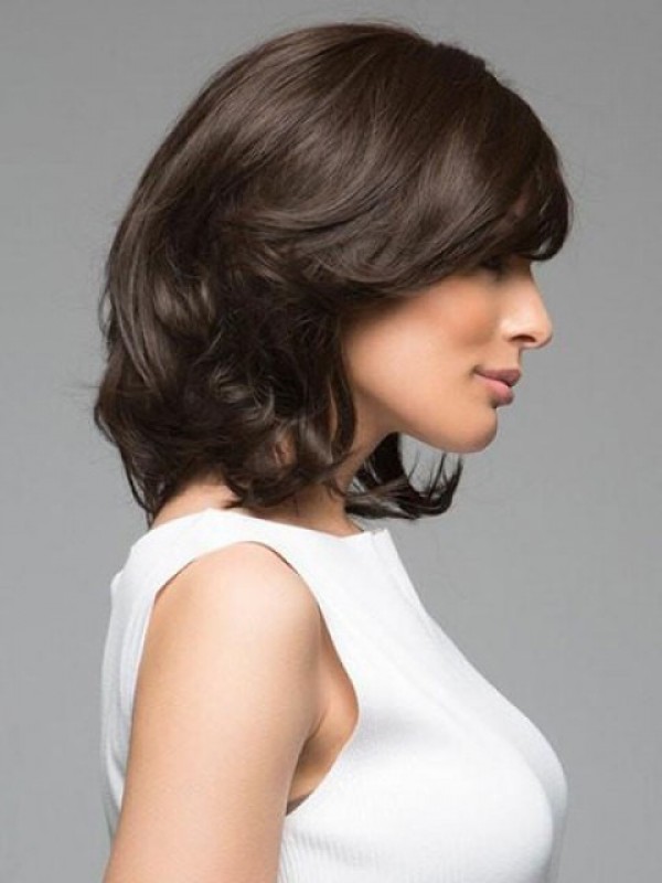 Black Medium Wavy Remy Capless Human Hair Wigs With Side Bangs 14 Inches