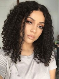 Black Central Parting Curly Medium Lace Front Hair Wigs 14 Inches