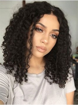 Black Central Parting Curly Medium Lace Front Hair...