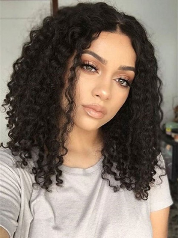 Black Central Parting Curly Medium Lace Front Hair Wigs 14 Inches