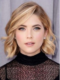 Blonde Wavy Bob Style Lace Front Human Hair Wigs With Side Bangs 12 Inches