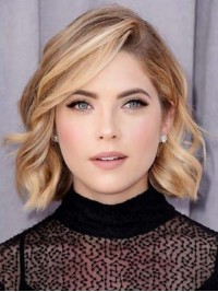 Blonde Wavy Bob Style Lace Front Human Hair Wigs With Side Bangs 12 Inches