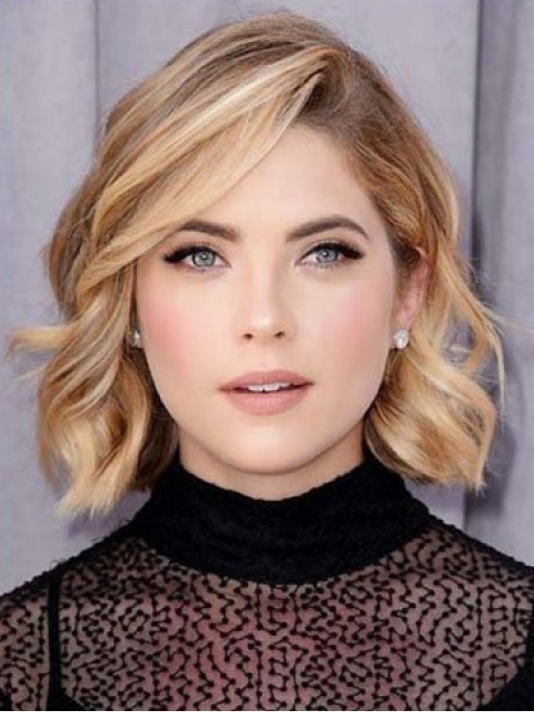 Blonde Wavy Bob Style Lace Front Human Hair Wigs With Side Bangs 12 Inches
