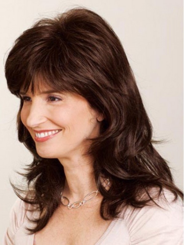 Brown Long Wavy Capless Remy Human Hair Wigs With Bangs 16 Inches
