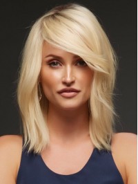 Blonde Long Straight Lace Front Remy Human Hair Wigs With Side Bangs 12 Inches