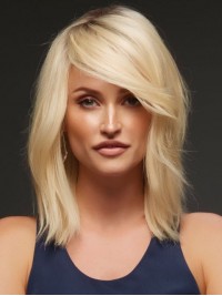 Blonde Long Straight Lace Front Remy Human Hair Wigs With Side Bangs 12 Inches