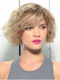 Bob Style Blonde Capless Human Hair Wavy Wigs With Side Bangs 10 Inches