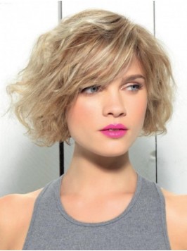 Bob Style Blonde Capless Human Hair Wavy Wigs With...