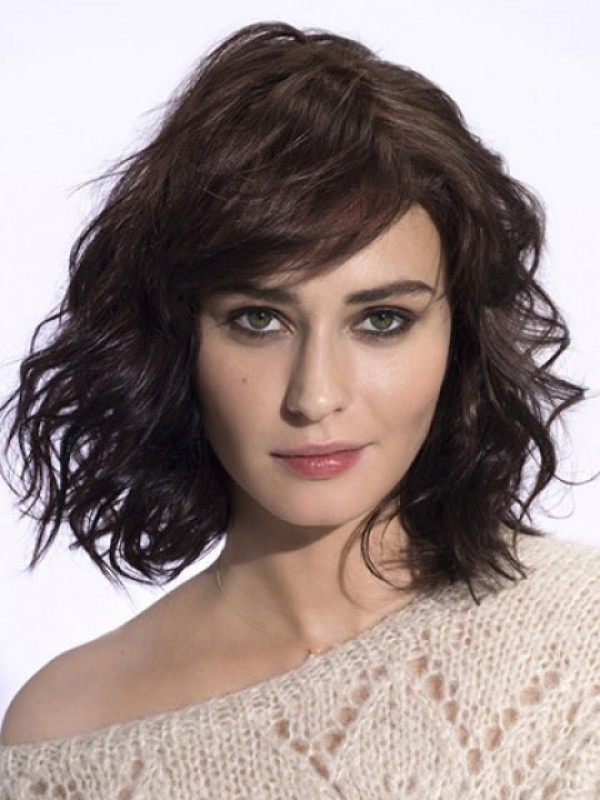Wavy Bob Style Capless Remy Human Hair Wigs With Bangs 14 Inches