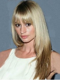Blonde Long Straight Capless Remy Human Hair Wigs With Bangs 22 Inches