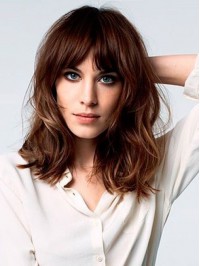 Brown Medium Wavy Capless Human Hair Wigs With Bangs 16 Inches