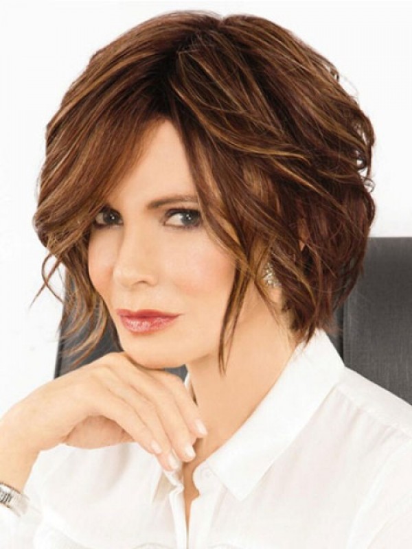 Brown Bob Style Short Wavy Capless Human Hair Wigs With Side Bangs 10 Inches