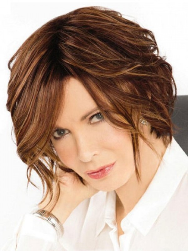 Brown Bob Style Short Wavy Capless Human Hair Wigs With Side Bangs 10 Inches