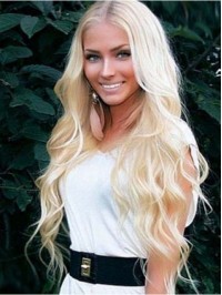 Central Parting Blonde Long Wavy Remy Human Hair Capless Wigs 26 Inches