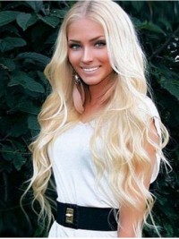 Central Parting Blonde Long Wavy Remy Human Hair Capless Wigs 26 Inches