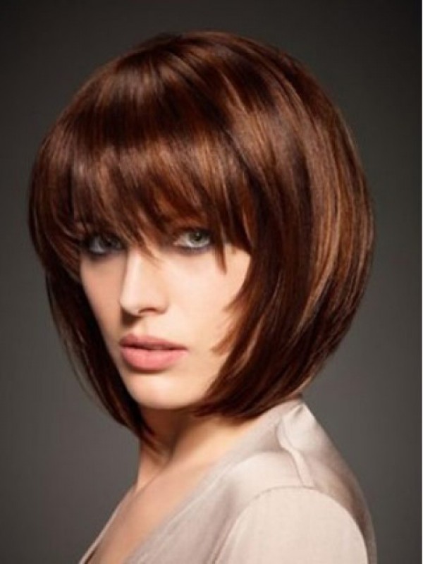 Claret Bob Style Straight Short Capless Remy Human Hair Wigs With Bangs 10 Inches