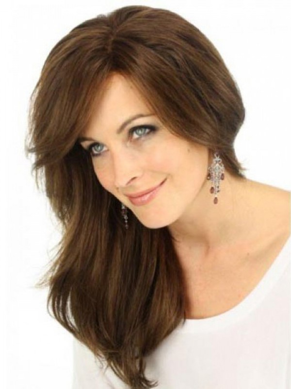 Layered Long Brown Wavy Capless Human Hair Wigs 20 Inches