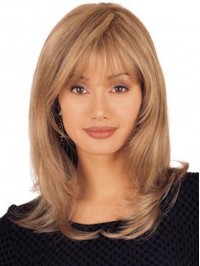 Blonde Long Straight Lace Front Remy Human Hair Wigs With Bangs 16 Inches