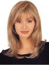 Blonde Long Straight Lace Front Remy Human Hair Wigs With Bangs 16 Inches
