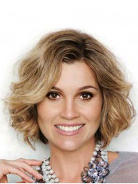 Wavy Medium Capless Short Blonde Human Hair Wigs With Side Bangs 12 Inches