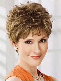 Flaxen Short Layered Wavy Capless Human Hair Wigs With Bangs 8 Inches