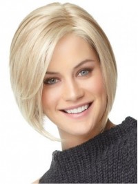 Bob Style Blonde Straight Short Lace Front Human Hair Wigs With Side Bangs 8 Inches