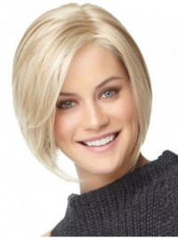 Bob Style Blonde Straight Short Lace Front Human Hair Wigs With Side Bangs 8 Inches