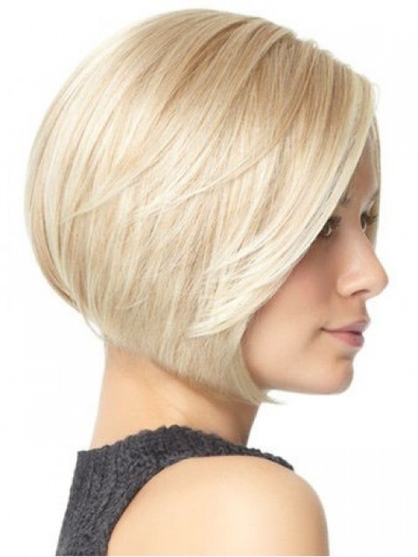 Bob Style Blonde Straight Short Lace Front Human Hair Wigs With Side Bangs 8 Inches