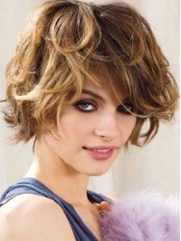 Layered Short Wavy Capless Human Hair Wigs With Bangs 10 Inches