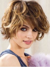Layered Short Wavy Capless Human Hair Wigs With Bangs 10 Inches