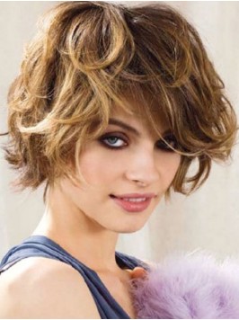 Layered Short Wavy Capless Human Hair Wigs With Ba...