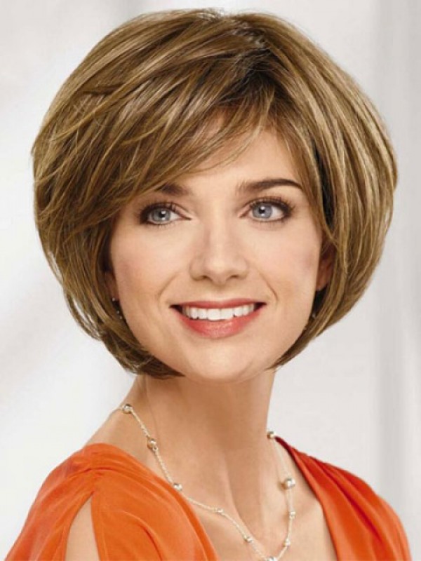 Flaxen Bob Style Short Wavy Remy Human Hair Wig With Bangs 10 Inches