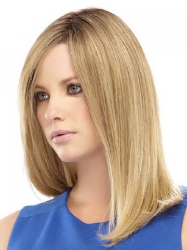 Blonde Long Straight Lace Front Remy Human Hair Wigs With Side Bangs 14 Inches