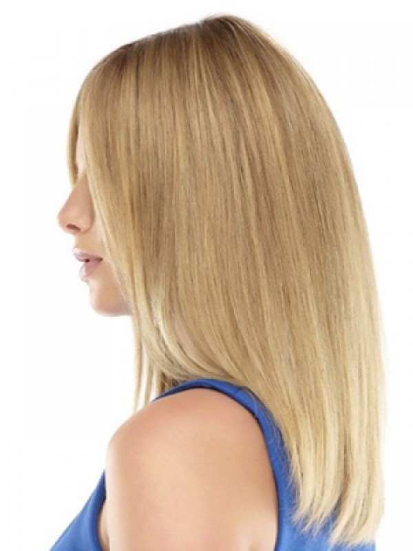 Blonde Long Straight Lace Front Remy Human Hair Wigs With Side Bangs 14 Inches