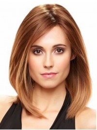 Brown Medium Straight Lace Front Remy Human Hair Wigs With Side Bangs 12 Inches