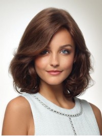 Brown Bob Style Short Human Hair Wavy Capless Wigs With Side Bangs 14 Inches
