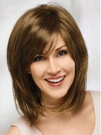 Shoulder Length Straight Capless Human Hair Wigs With Bang 16 Inches