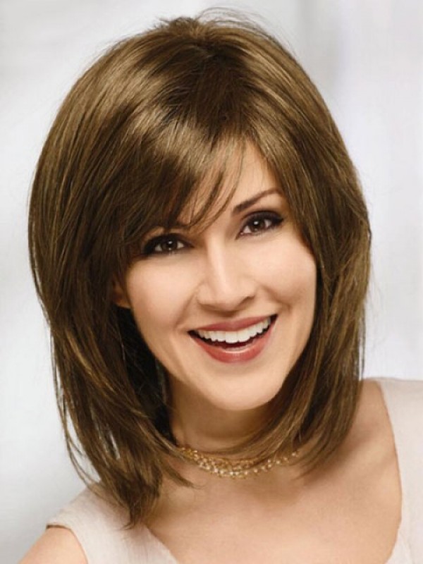 Shoulder Length Straight Capless Human Hair Wigs With Bang 16 Inches