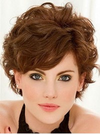 Brown Short Wavy Capless Human Hair Wigs With Bangs 8 Inches