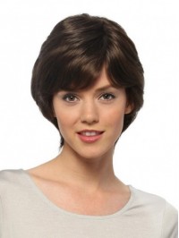 Short Brown Straight Human Hair Capless Wigs With Bangs