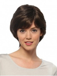 Short Brown Straight Human Hair Capless Wigs With Bangs