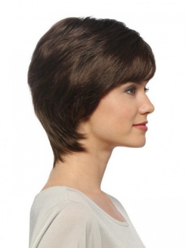 Short Brown Straight Human Hair Capless Wigs With Bangs