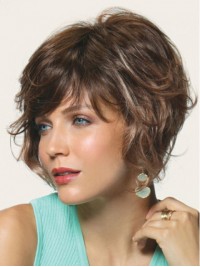 Brown Short Wavy Capless Remy Human Hair Wigs With Bangs 8 Inches