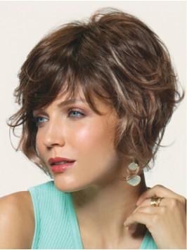 Brown Short Wavy Capless Remy Human Hair Wigs With...