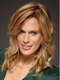 Blonde Medium Wavy Capless Remy Human Hair Wigs With Side Bangs 14 Inches