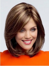 Short Straight Lace Front Brown Human Hair Wigs With Side Bangs 12 Inches