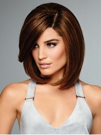 Bob Style Brown Capless Straight Remy Human Hair Wigs With Side Bangs 12 Inches