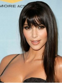 Kim Kadaisan Black Long Straight Lace Front Wigs With Bangs 18 Inches